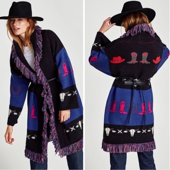 Zara Sweaters Zara Western Cowboy Jacquard Fringe Sweater Coat N